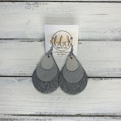 LINDSEY - Leather Earrings  ||  <BR> SHIMMER ROSE GOLD, <BR> LIGHT GRAY PALMS, <BR> SHIMMER GRAY