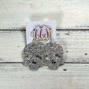 SKULL -  Leather Earrings  ||   <BR> SILVER FINE GLITTER (LEATHER ON THICK CORK)