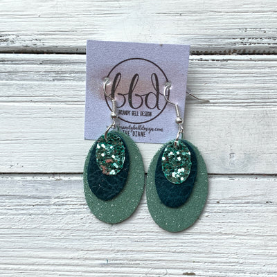 DIANE - Leather Earrings  ||    <BR> SAGE GLITTER (FAUX LEATHER), <BR> DISTRESSED TEAL, <BR> SHIMMER MINT GREEN