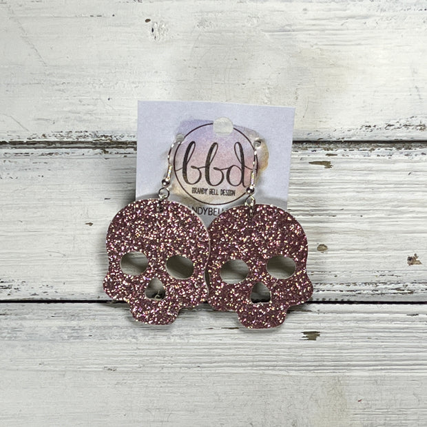 SKULL -  Leather Earrings  ||   <BR> ROSE GOLD FINE GLITTER (LEATHER ON THICK CORK)