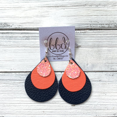 LINDSEY - Leather Earrings  ||   <BR>  PEACH GLITTER (FAUX LEATHER), <BR> NEON CORAL SAFFIANO,  <BR> MATTE NAVY
