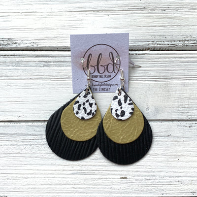 LINDSEY - Leather Earrings  ||   <BR> BLACK & WHITE CHEETAH, <BR> PEARLIZED OCHRE,  <BR> BLACK PALMS