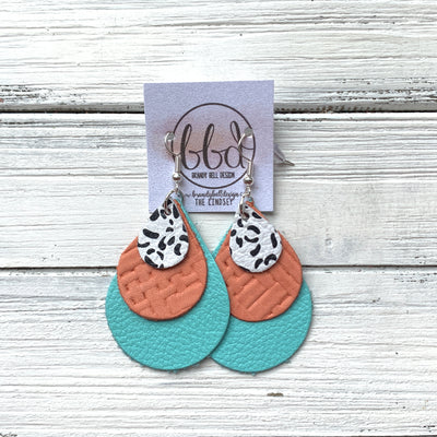 LINDSEY - Leather Earrings  ||   <BR> BLACK & WHITE CHEETAH, <BR> SALMON PANAMA WEAVE,  <BR> ROBINS EGG BLUE