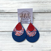 LINDSEY - Leather Earrings  ||   <BR> MATTE RED, <BR> RED, WHITE, BLUE FIREWORK TIE DYE,  <BR> MATTE COBALT BLUE