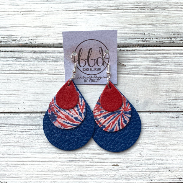 LINDSEY - Leather Earrings  ||   <BR> MATTE RED, <BR> RED, WHITE, BLUE FIREWORK TIE DYE,  <BR> MATTE COBALT BLUE