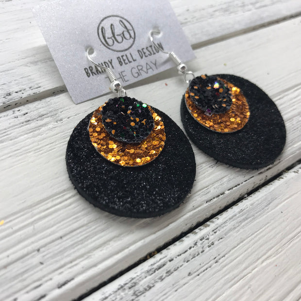 GRAY - Leather Earrings  ||    <BR> BLACK & ORANGE GLITTER (FAUX LEATHER), <BR> ORANGE GLITTER (FAUX LEATHER),  <BR> SHIMMER BLACK