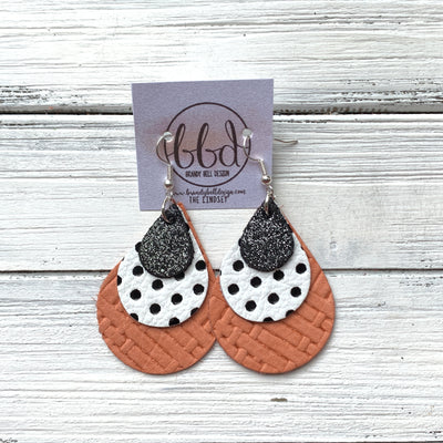 LINDSEY - Leather Earrings  ||   <BR> SHIMMER PEWTER, <BR> WHITE WITH BLACK POLKADOTS,  <BR> SALMON PANAMA WEAVE