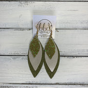 DOROTHY - Leather Earrings  ||  <BR> OLIVE GLITTER (FAUX LEATHER),  <BR> CHAMPAGNE PEARL,  <BR> OLIVE WESTERN FLORAL