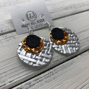 GRAY - Leather Earrings  ||    <BR> SHIMMER BLACK, <BR> ORANGE GLITTER (FAUX LEATHER),  <BR> METALLIC SILVER PANAMA WEAVE