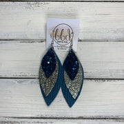 DOROTHY - Leather Earrings  ||  <BR> DARK TEAL GLITTER (FAUX LEATHER),  <BR> IRIDESCENT SILVER CRACKLE,  <BR> TEAL PALMS