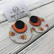 GRAY - Leather Earrings  ||    <BR> SHIMMER BLACK, <BR> METALLIC ORANGE PEBBLED,  <BR> CANDY CORNS (FAUX LEATHER)