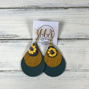 LINDSEY - Leather Earrings  ||   <BR> SUNFLOWER ON BLACK, <BR> MUSTARD PALMS,  <BR> MATTE SPRUCE GREEN