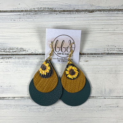 LINDSEY - Leather Earrings  ||   <BR> SUNFLOWER ON BLACK, <BR> MUSTARD PALMS,  <BR> MATTE SPRUCE GREEN