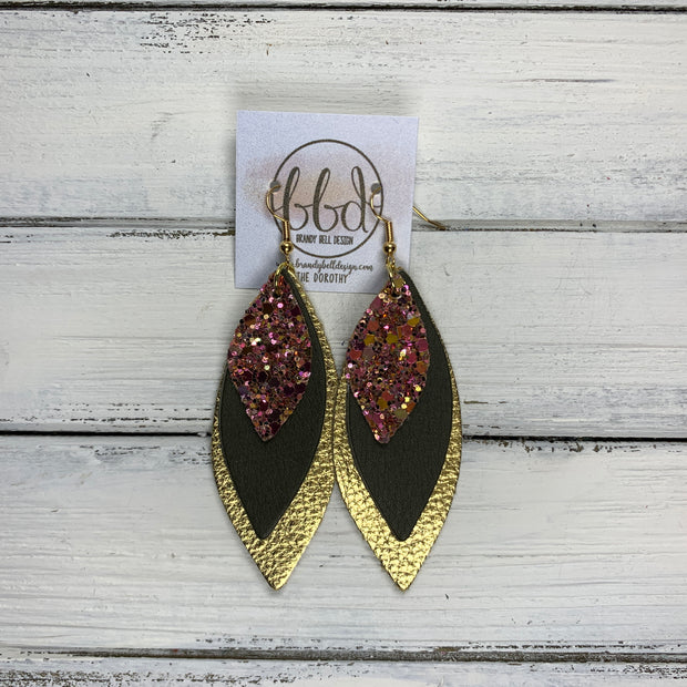 DOROTHY - Leather Earrings  ||  <BR> PINK & GOLD GLITTER (FAUX LEATHER),  <BR> MATTE OLIVE,  <BR> METALLIC GOLD PEBBLED