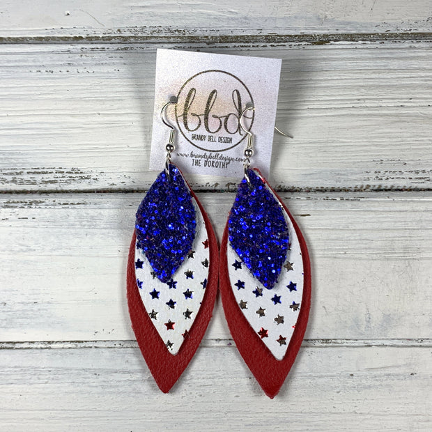 DOROTHY - Leather Earrings  ||  <BR>  COBALT BLUE GLITTER ON CORK, <BR> MATTE WHITE WITH METALLIC RED/SILVER/BLUE STARS, <BR> MATTE RED