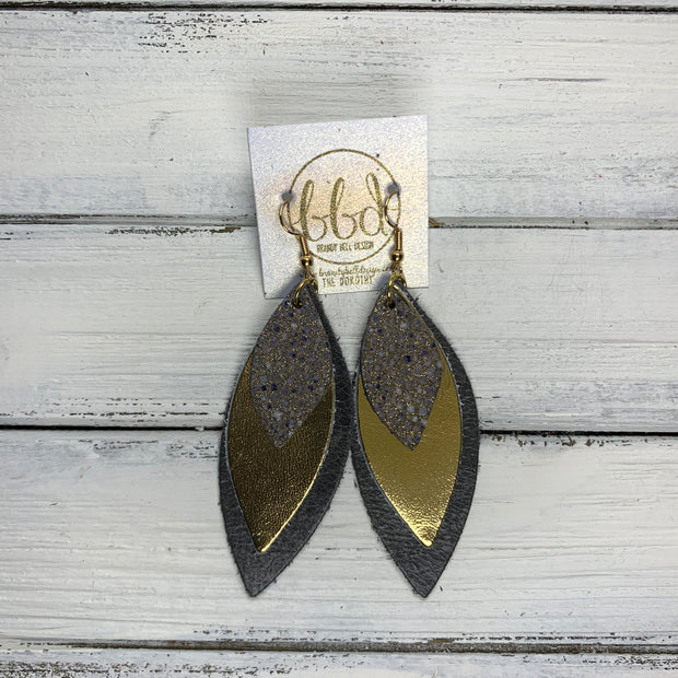 DOROTHY - Leather Earrings  ||  <BR> GOLD/GRAY STINGRAY,  <BR> METALLIC GOLD,  <BR> PEARLIZED GRAY
