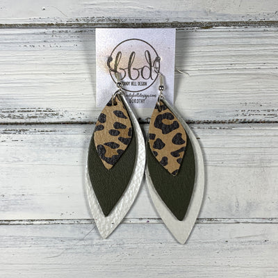 DOROTHY - Leather Earrings  ||  <BR> CARAMEL CHEETAH, <BR> MATTE OLIVE, <BR> PEARL WHITE