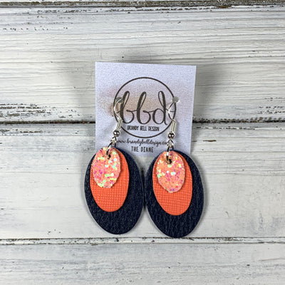 DIANE - Leather Earrings  ||    <BR> PEACH GLITTER (FAUX LEATHER), <BR> NEON CORAL SAFFIANO, <BR> METALLIC *NAVY PEBBLED