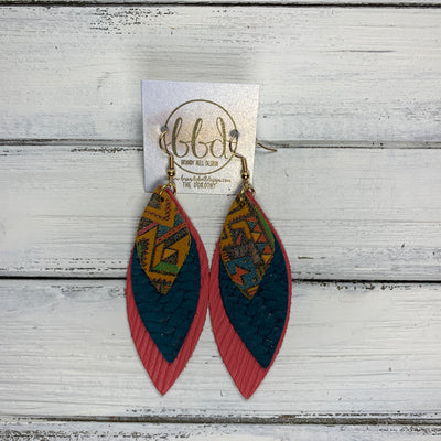 DOROTHY - Leather Earrings  ||  <BR> MUSTARD AZTEC,  <BR> TEAL BRAIDED,  <BR> SALMON PALMS