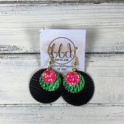 GRAY - Leather Earrings  ||    <BR> NEON PINK GLITTER (FAUX LEATHER), <BR> METALLIC GREEN PEBBLED,  <BR> BLACK TEXTURE PALMS