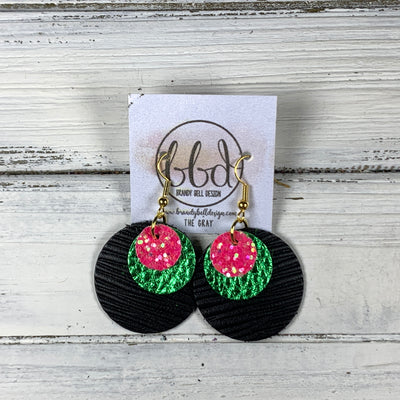 GRAY - Leather Earrings  ||    <BR> NEON PINK GLITTER (FAUX LEATHER), <BR> METALLIC GREEN PEBBLED,  <BR> BLACK TEXTURE PALMS