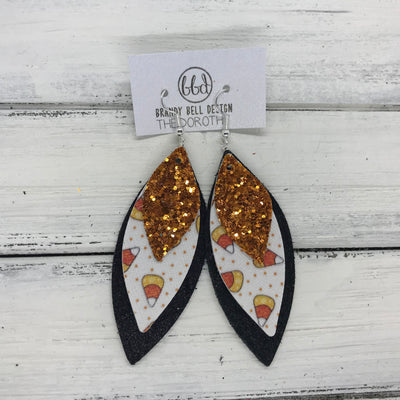 DOROTHY - Leather Earrings  ||  <BR> ORANGE GLITTER (FAUX LEATHER), <BR>  CANDY CORNS (FAUX LEATHER),  <BR> SHIMMER BLACK