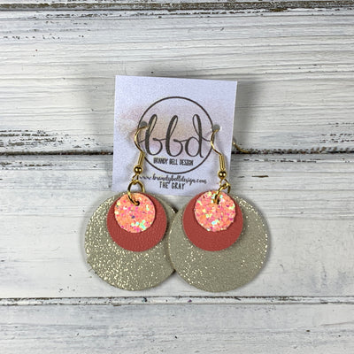 GRAY - Leather Earrings  ||    <BR> PEACH GLITTER (FAUX LEATHER), <BR> MATTE SALMON,  <BR> SHIMMER CHAMPAGNE