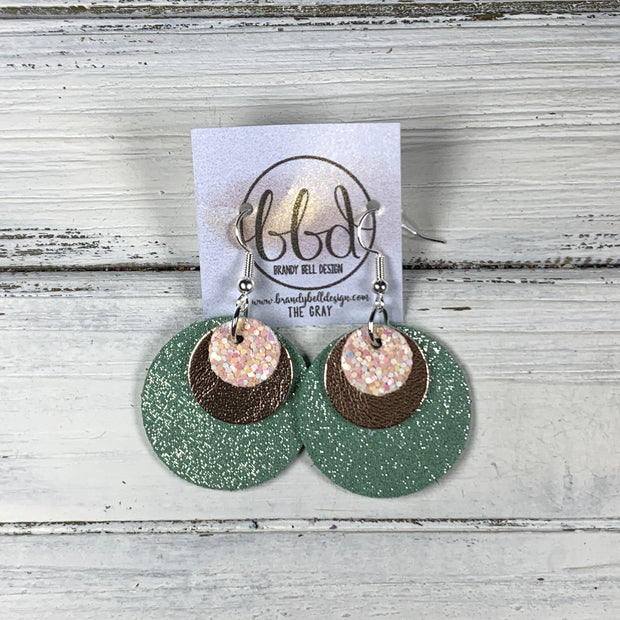 GRAY - Leather Earrings  ||    <BR> BALLET SLIPPER GLITTER (FAUX LEATHER), <BR> METALLIC ROSE GOLD SMOOTH,  <BR> SHIMMER MINT GREEN