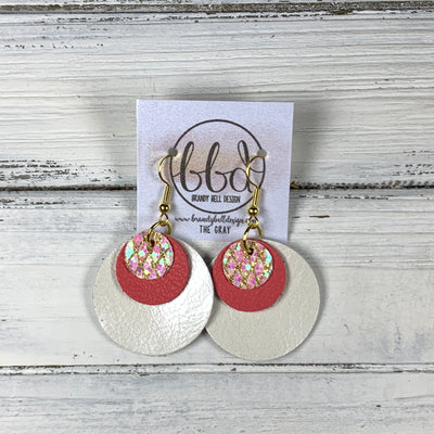 GRAY - Leather Earrings  ||    <BR> IRIDESCENT NETTING GLITTER (FAUX LEATHER), <BR> MATTE CORAL/PINK,  <BR> PEARL WHITE