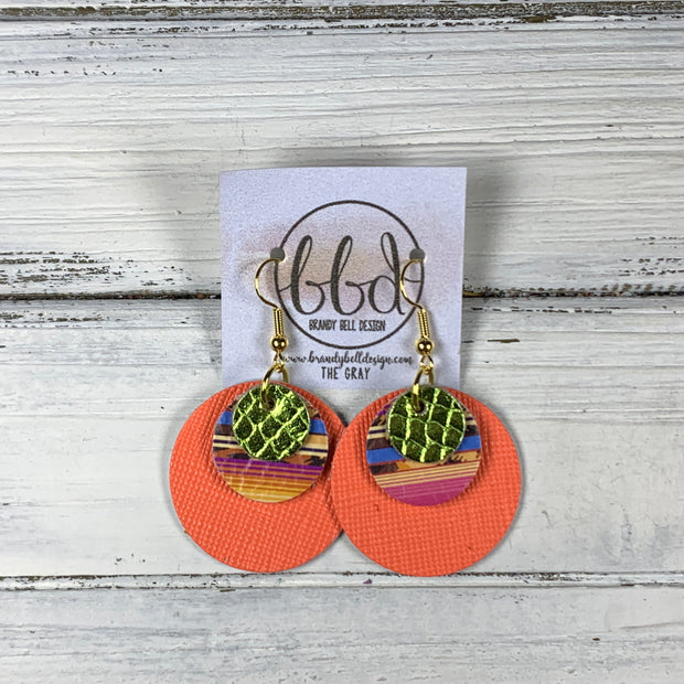 GRAY - Leather Earrings  ||    <BR> METALLIC LIME GREEN COBRA, <BR> SERAPE CHEETAH STRIPE,  <BR>NEON ORANGE SAFFIANO