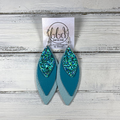 DOROTHY - Leather Earrings  ||  <BR>  AQUA GLITTER ON CORK, <BR> MATTE TURQUOISE, <BR> MATTE AQUA MINT