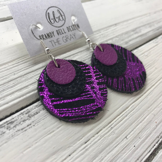 GRAY - Leather Earrings  ||    <BR> MATTE FUCHSIA, <BR> SHIMMER BLACK,  <BR> METALLIC PURPLE WEBS