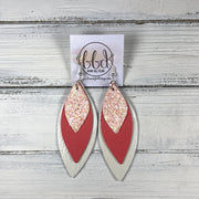 DOROTHY - Leather Earrings  ||  <BR>  BALLET SLIPPER GLITTER (FAUX LEATHER), <BR> MATTE CORAL/PINK, <BR> PEARL WHITE