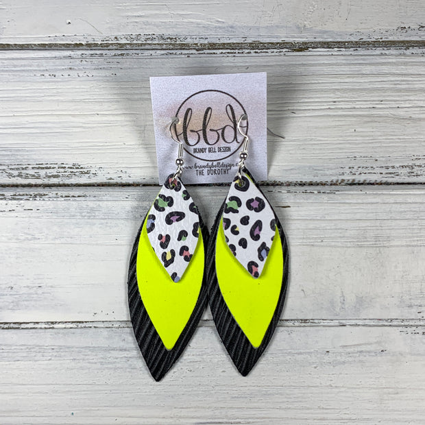 DOROTHY - Leather Earrings  ||  <BR>  PASTEL CHEETAH, <BR> MATTE NEON YELLOW, <BR> BLACK TEXTURE  PALMS