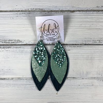 DOROTHY - Leather Earrings  ||  <BR> SEAFOAM GLITTER (FAUX LEATHER), <BR> SHIMMER MINT GREEN, <BR> DISTRESSED TEAL