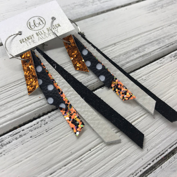 AUDREY - Leather Earrings  ||   ORANGE GLITTER, BLACK WITH WHITE POLKADOTS, BRIGHT ORANGE GLITTER, PEARL WHITE, SHIMMER BLACK