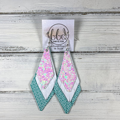 COLLEEN -  Leather Earrings  ||   <BR> COTTON CANDY GLITTER (FAUX LEATHER), <BR> WHITE WESTERN FLORAL, <BR> AQUA AND WHITE LATTICE