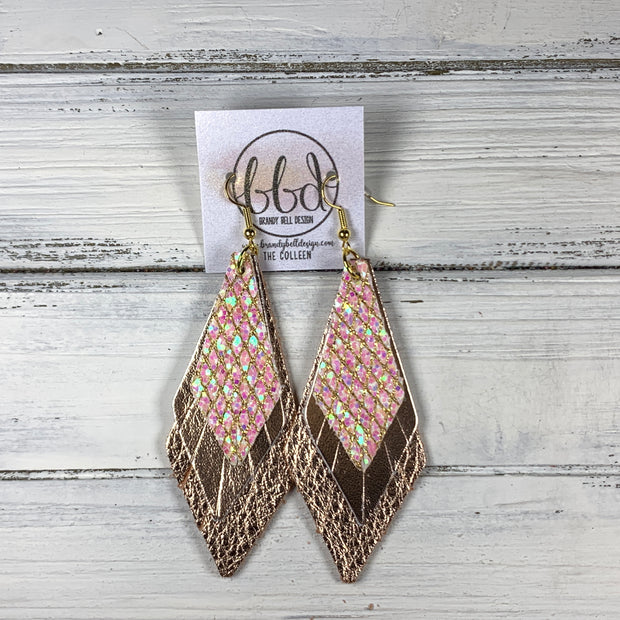 COLLEEN -  Leather Earrings  ||   <BR> ROSE GOLD NETTING GLITTER (FAUX LEATHER), <BR> METALLIC ROSE GOLD SMOOTH, <BR> METALLIC ROSE GOLD PEBBLED