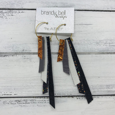 AUDREY - Leather Earrings  ||   ORANGE GLITTER, PEARLIZED GRAY, PEARL WHITE, BLACK & ORANGE GLITTER, SHIMMER BLACK