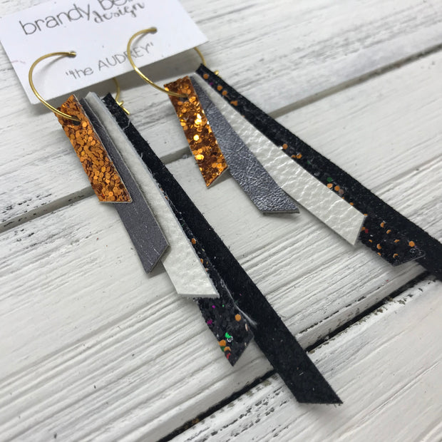 AUDREY - Leather Earrings  ||   ORANGE GLITTER, PEARLIZED GRAY, PEARL WHITE, BLACK & ORANGE GLITTER, SHIMMER BLACK