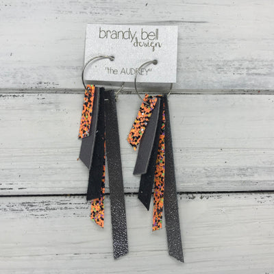 AUDREY - Leather Earrings  ||   BRIGHT ORANGE GLITTER, PEARLIZED GRAY, SHIMMER BLACK, BRIGHT ORANGE GLITTER, SHIMMER PEWTER