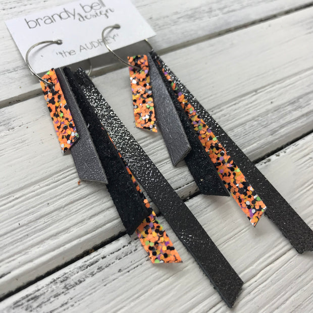 AUDREY - Leather Earrings  ||   BRIGHT ORANGE GLITTER, PEARLIZED GRAY, SHIMMER BLACK, BRIGHT ORANGE GLITTER, SHIMMER PEWTER