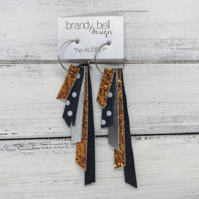 AUDREY - Leather Earrings  ||   ORANGE GLITTER, BLACK & WHITE POLKADOTS, METALLIC SILVER, ORANGE GLITTER, SHIMMER BLACK