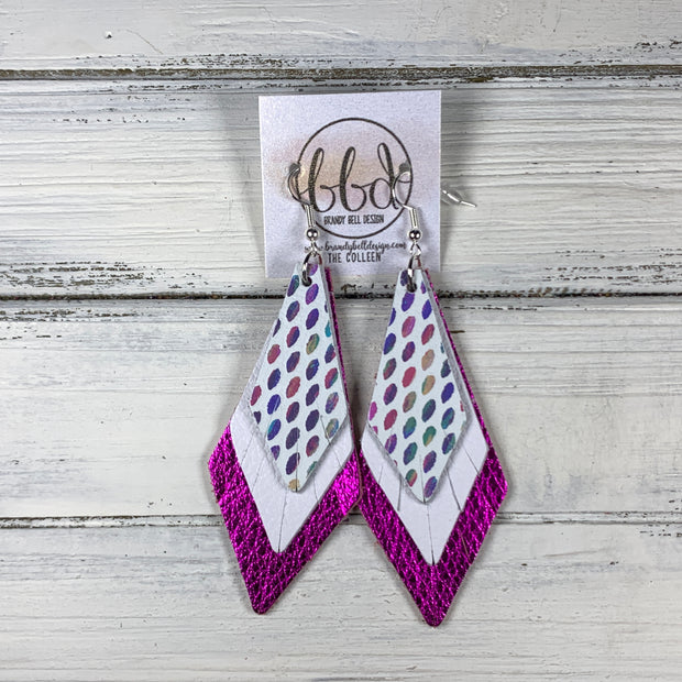 COLLEEN -  Leather Earrings  ||   <BR> PASTEL RAINDROPS, <BR> MATTE WHITE, <BR> METALLIC NEON PINK PEBBLED