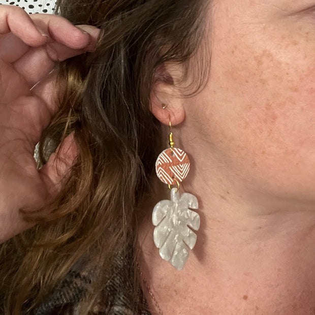 ACRYLIC PALM COLLECTION: LARGE PALM-  Leather Earrings  ||  <BR>  METALLIC CHAMPAGNE WESTERN FLORAL, <BR> WHITE PALM LEAF