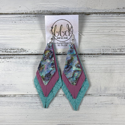 COLLEEN -  Leather Earrings  ||   <BR> ABALONE, <BR> MATTE MAUVE, <BR> AQUA BRAIDED
