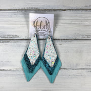 COLLEEN -  Leather Earrings  ||   <BR> CONFETTI CAKE GLITTER (FAUX LEATHER), <BR> SHIMMER TEAL, <BR> ROBINS EGG BLUE