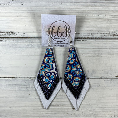 COLLEEN -  Leather Earrings  ||   <BR> MOROCCAN TILE, <BR>METALLIC NAVY PEBBLED, <BR> WHITE WESTERN FLORAL