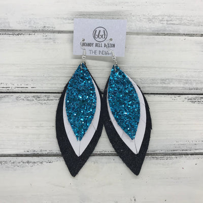 INDIA - Leather Earrings ||  <BR>  TEAL GLITTER (NOT REAL LEATHER) <BR> MATTE WHITE <BR> SHIMMER BLACK