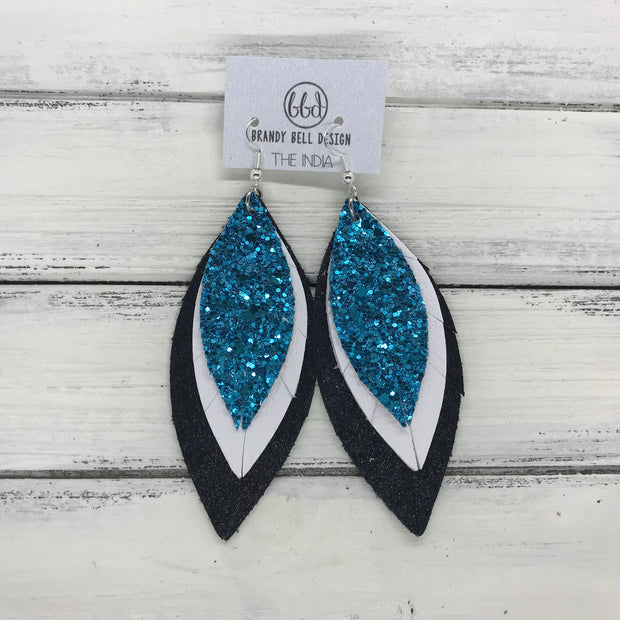 INDIA - Leather Earrings ||  <BR>  TEAL GLITTER (NOT REAL LEATHER) <BR> MATTE WHITE <BR> SHIMMER BLACK